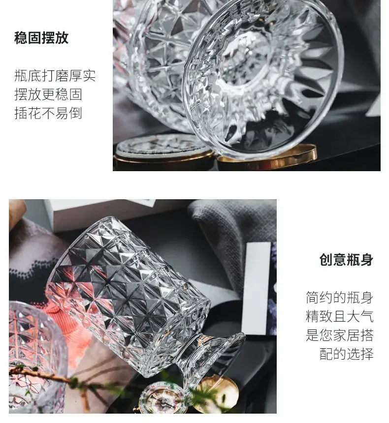 Crystal Glass Pedestal Vase set of two by Decorbites; clear cut-glass with pedestal bases on Tampa Home & Garden Store