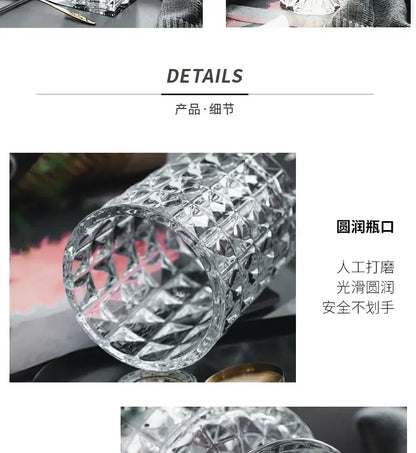 Crystal glass pedestal vase with diamond-cut pattern, clear cylindrical body Decorbites on Tampa Home & Garden Store