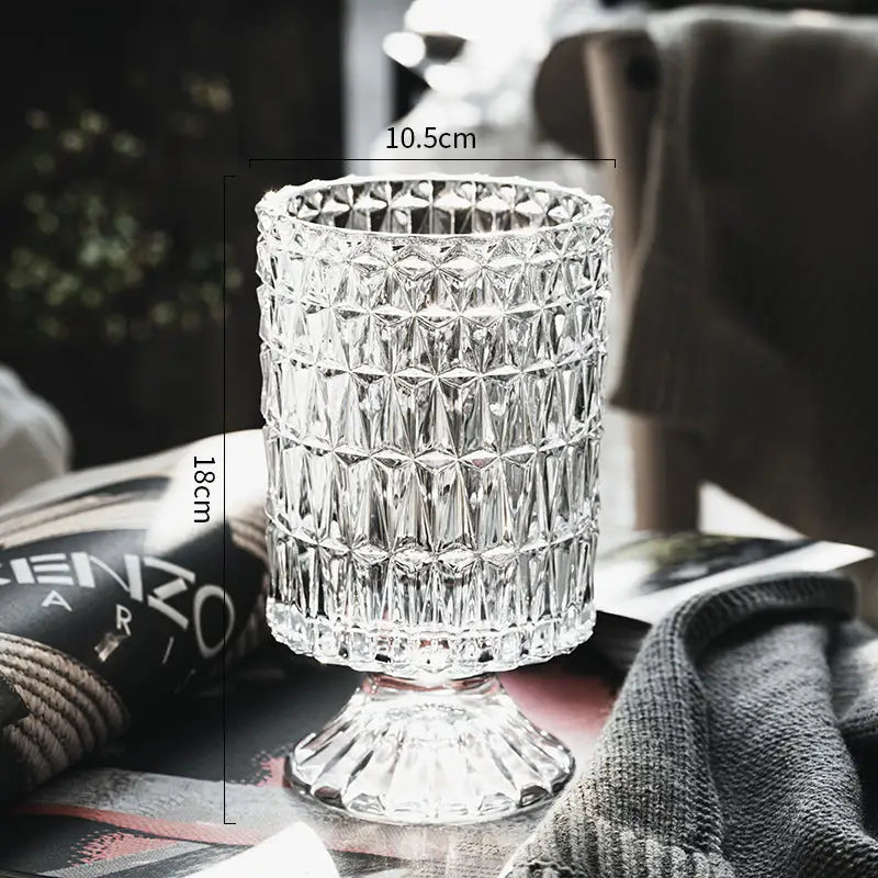 Crystal Glass Pedestal Vase with diamond-cut pattern, clear glass, pedestal base on Tampa Home & Garden Store