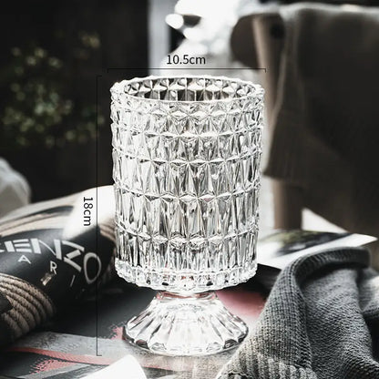 Crystal Glass Pedestal Vase with diamond-cut pattern, clear glass, pedestal base on Tampa Home & Garden Store