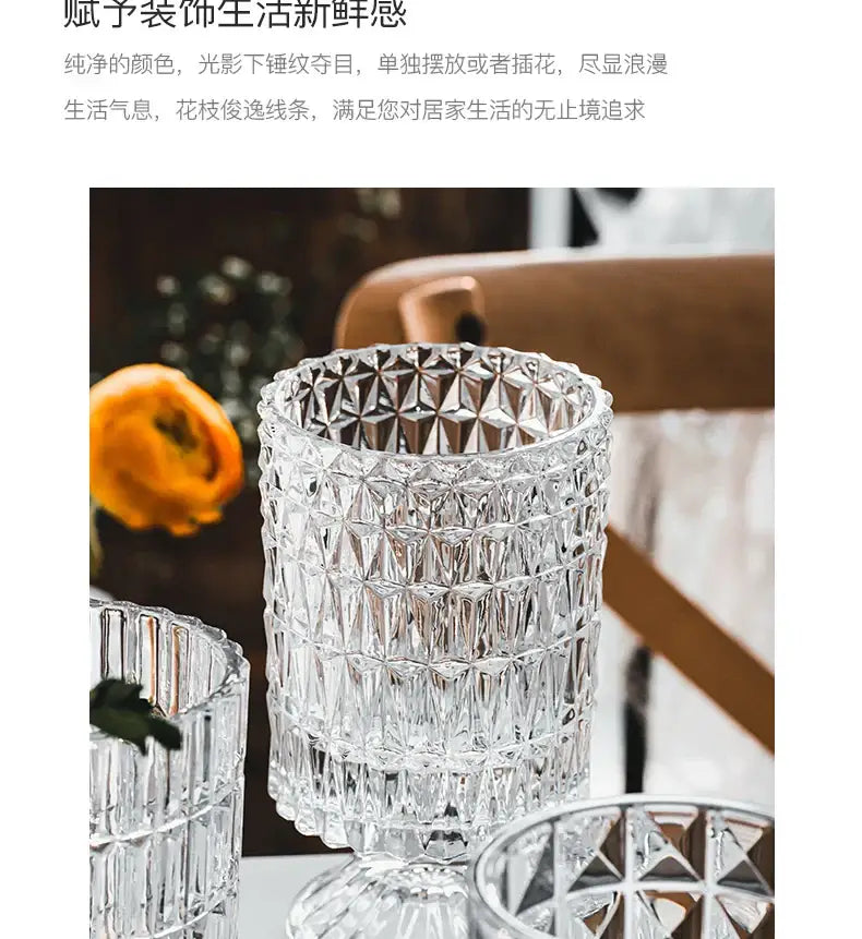 Crystal Glass Pedestal Vase pair with diamond-cut pattern in clear crystal by Decorbites on Tampa Home & Garden Store