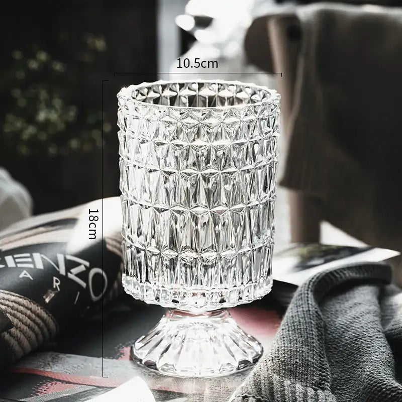 Crystal Glass Pedestal Vase by Decorbites, clear textured glass, 18 cm tall, 10.5 cm dia on Tampa Home & Garden Store