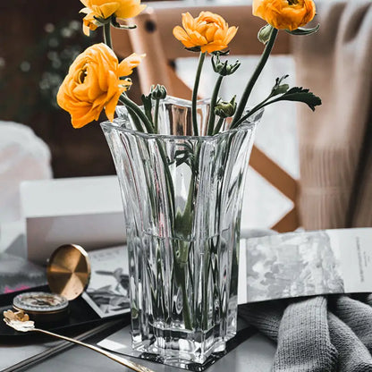 Crystal Glass Pedestal Vase by Decorbites, clear faceted vase with orange ranunculus on Tampa Home & Garden Store