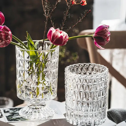 Crystal glass pedestal vase with pink tulips and a textured cylinder vase, two cut-glass vases on Tampa Home & Garden Store