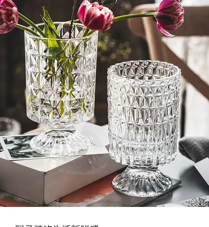Crystal Glass Pedestal Vase Decorbites; two clear ribbed vases, tulip and pedestal on Tampa Home & Garden Store