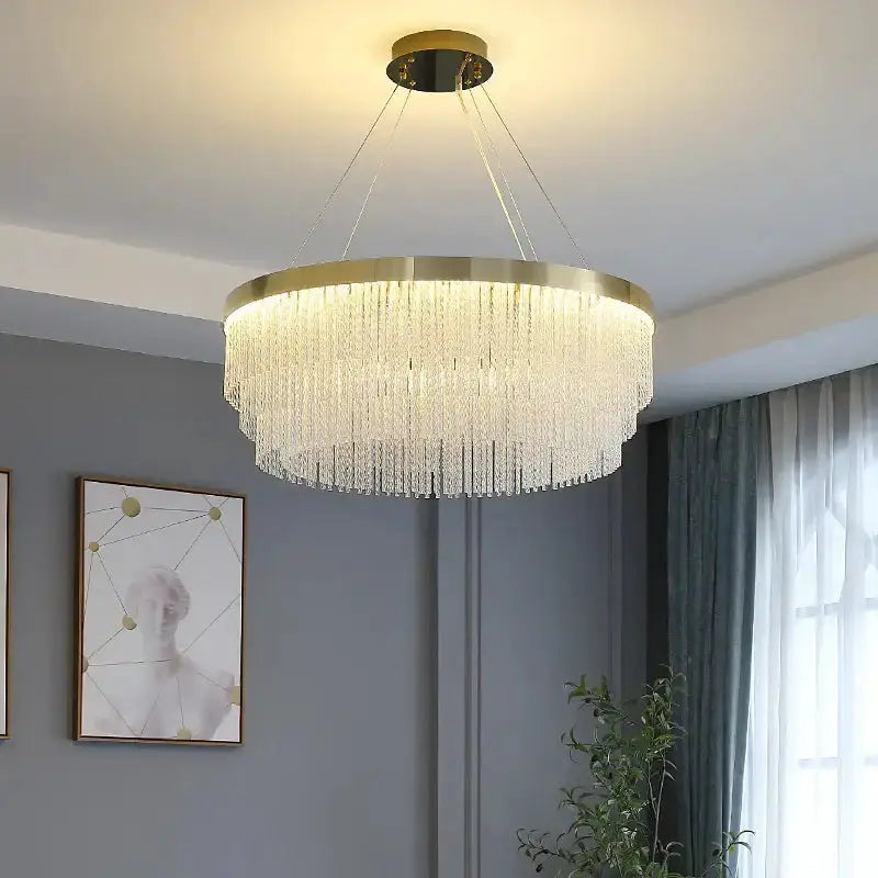 Chandelier Modern gold crystal dining pendant with circular frame and crystal strands on Tampa Home & Garden Store