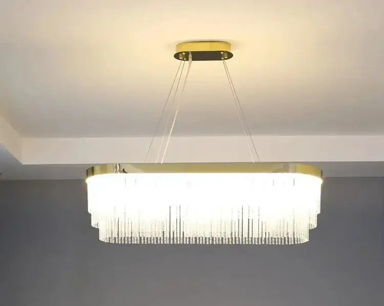 Gold luster crystal chandelier with rectangular ring and crystal fringe, dining room light on Tampa Home & Garden Store