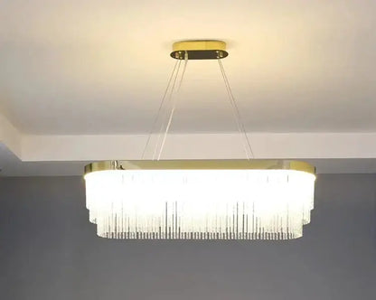 Gold luster crystal chandelier with rectangular ring and crystal fringe, dining room light on Tampa Home & Garden Store