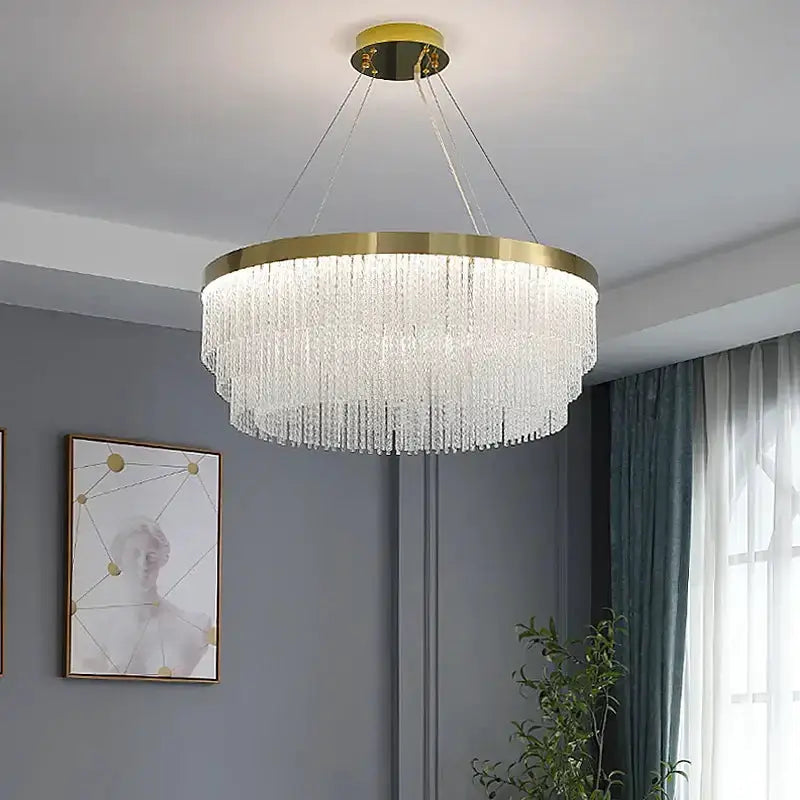 Modern gold luster crystal chandelier, circular frame with hanging crystal strands on Tampa Home & Garden Store