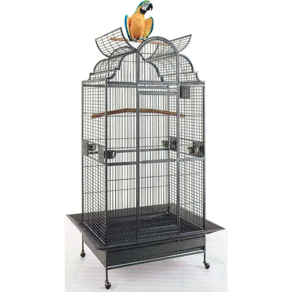 Black wrought-iron bird cage by Decorbites on a wheeled stand with decorative arch top on Tampa Home & Garden Store