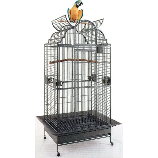 Black wrought-iron bird cage by Decorbites on a wheeled stand with decorative arch top on Tampa Home & Garden Store