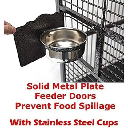 Black wrought iron bird cage with Decorbites solid metal feeder doors and stainless steel cups on Tampa Home & Garden Store