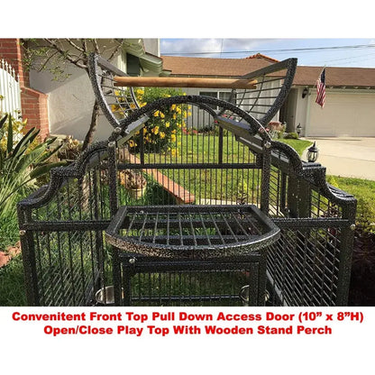 Black wrought-iron bird cage with ornate arch top, front pull-down door, and wooden perch on Tampa Home & Garden Store