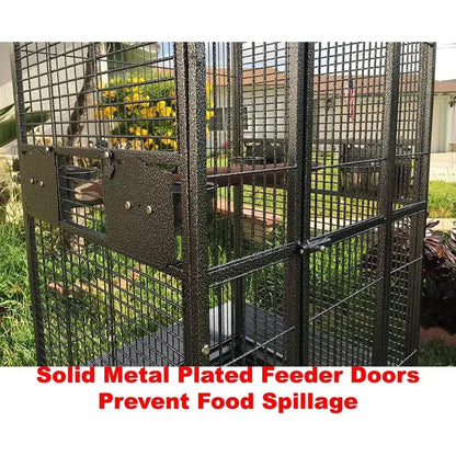 Black wrought iron bird cage with solid metal plated feeder doors and heavy mesh panels on Tampa Home & Garden Store