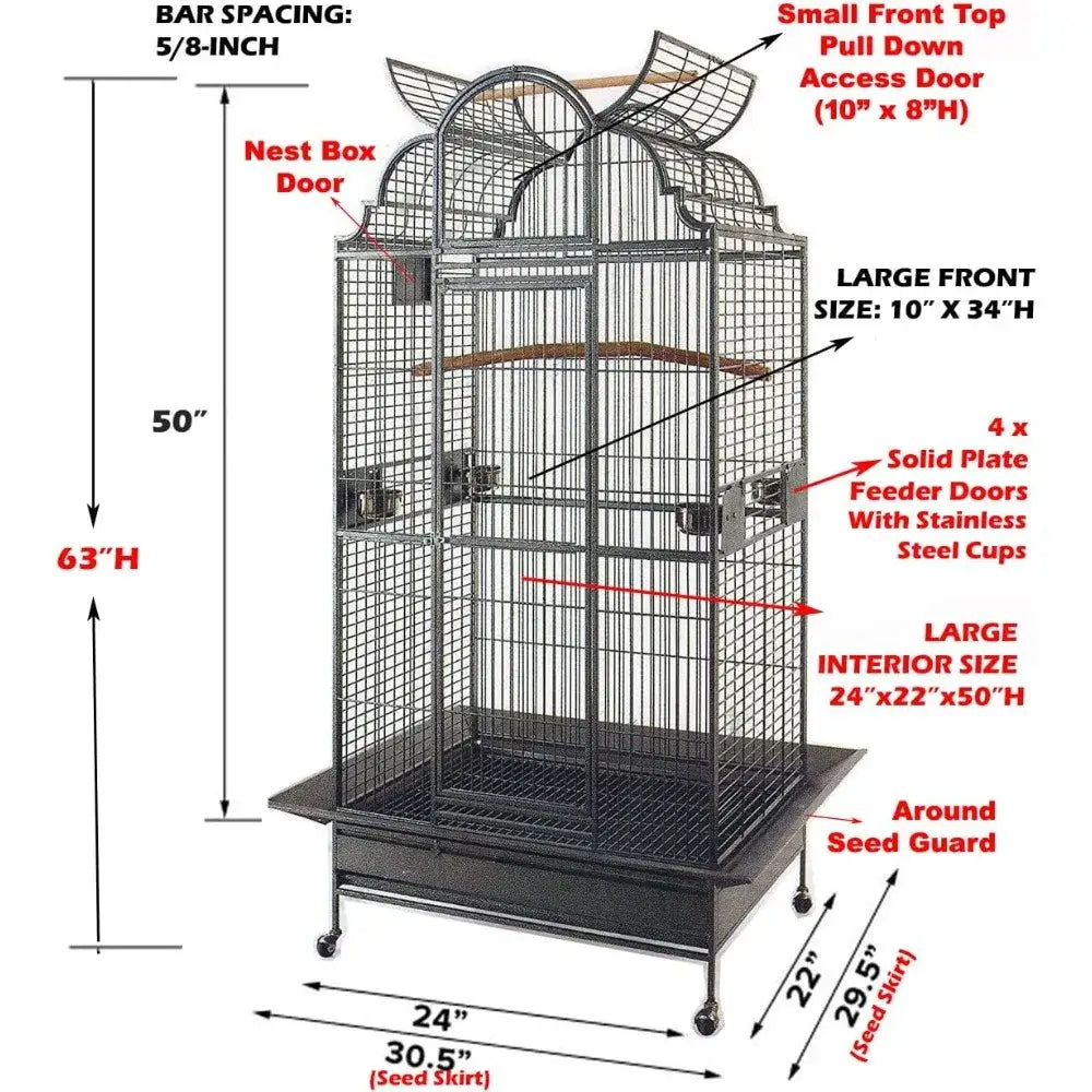 Black wrought iron bird cage by Decorbites on wheeled stand with front feeder doors on Tampa Home & Garden Store