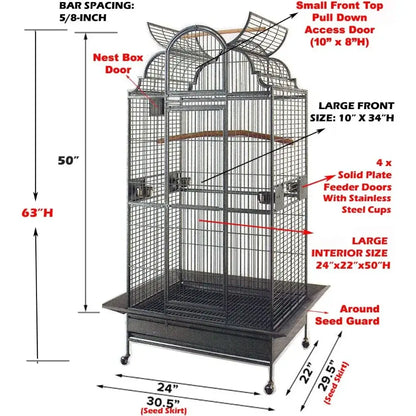 Black wrought iron bird cage by Decorbites on wheeled stand with front feeder doors on Tampa Home & Garden Store