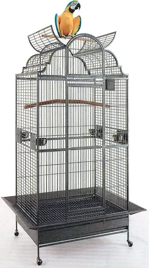 Decorbites black wrought iron bird cage with ornate arched top on wheeled stand on Tampa Home & Garden Store