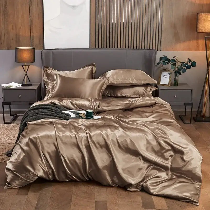 Green Satin Duvet Set by Decorbites on a bed with silky satin duvet and matching pillows on Tampa Home & Garden Store