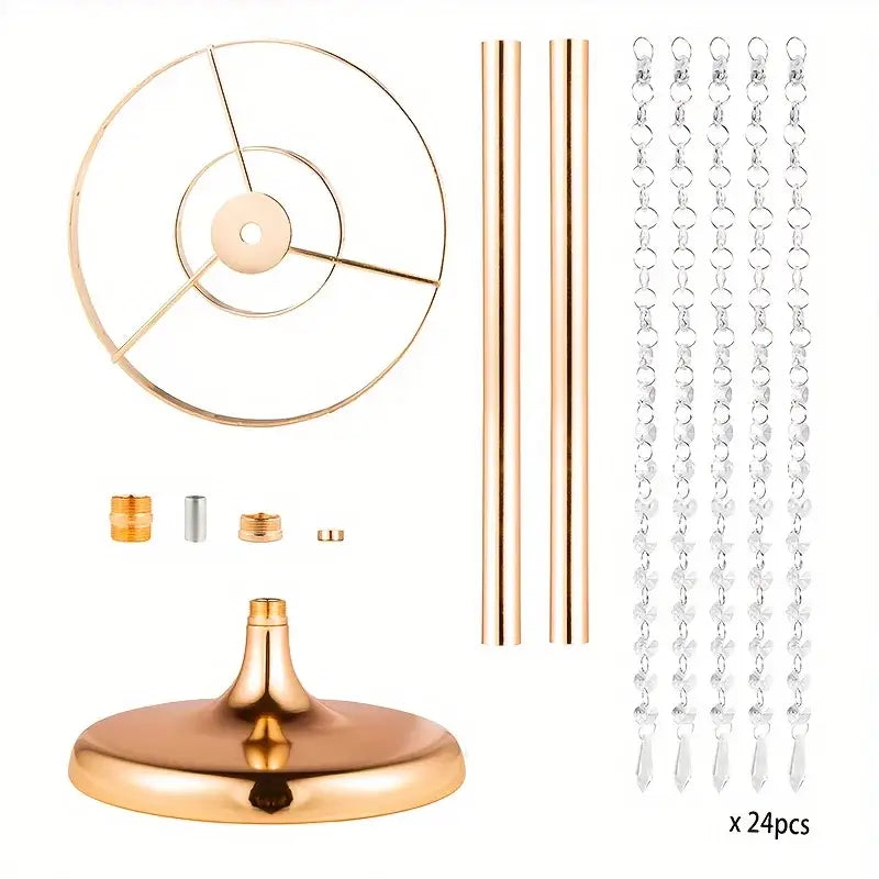 Decorbites Gold Crystal Vase Set with rose-gold stand, 3 rods, base, and 24 crystal bead strands on Tampa Home & Garden Store