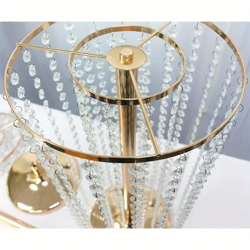 Gold Crystal Vase Set on a gold metal stand with circular rings and hanging crystal bead strands on Tampa Home & Garden Store