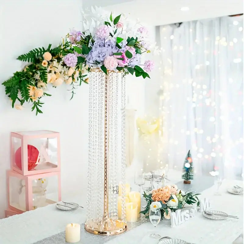 Gold Crystal Vase Set tall beaded crystal pedestal centerpiece with pastel flowers Decorbites on Tampa Home & Garden Store