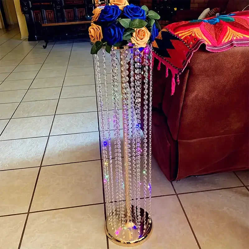 Gold crystal vase set with beaded curtain strands and a colorful bouquet Decorbites on Tampa Home & Garden Store
