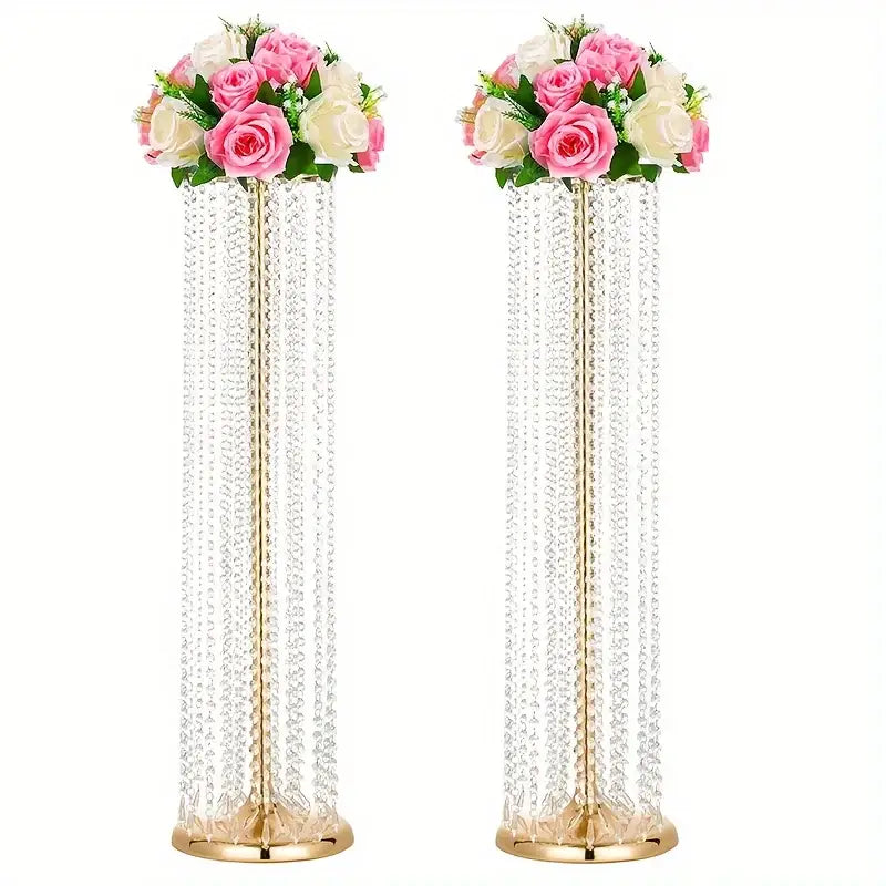 Gold crystal vase set; two tall beaded vases with gold bases topped by pink and white roses on Tampa Home & Garden Store