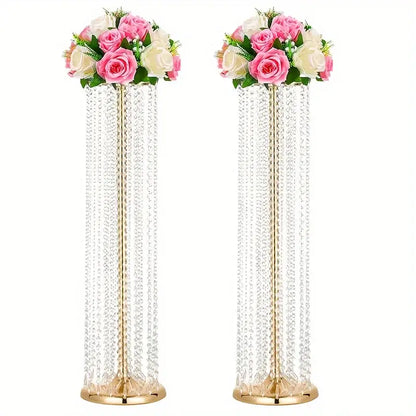 Gold crystal vase set; two tall beaded vases with gold bases topped by pink and white roses on Tampa Home & Garden Store