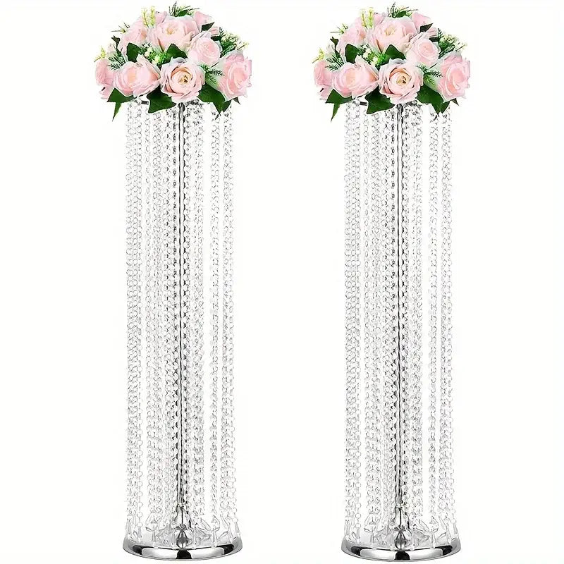 Gold Crystal Vase Set tall crystal bead vases with pink rose bouquets Decorbites set of 2 on Tampa Home & Garden Store