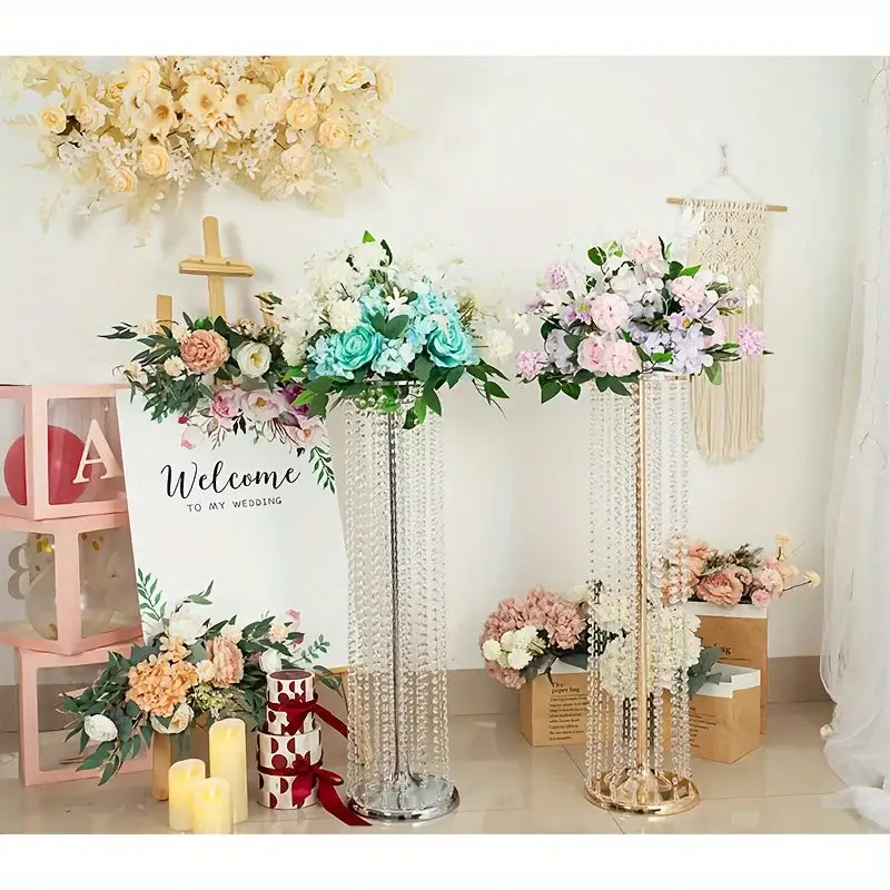 Gold Crystal Vase Set by Decorbites; two tall crystal vases with hanging strands on Tampa Home & Garden Store