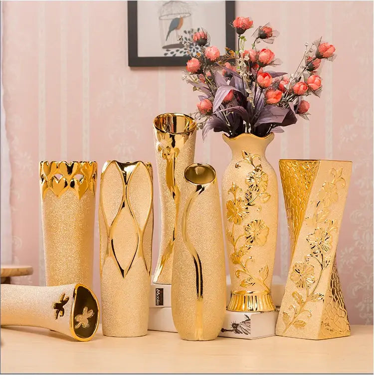 Gold Cream Ceramic Vase Set by Decorbites: gold textured ceramic vases with embossed floral patterns on Tampa Home & Garden Store