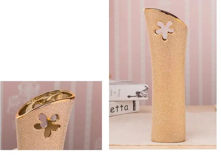 Gold Cream Ceramic Vase Set by Decorbites, two glittery ceramic vases with flower cutouts on Tampa Home & Garden Store