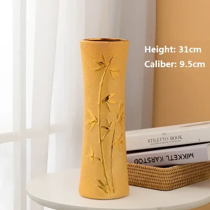 Gold Cream Ceramic Vase by Decorbites, tall cylindrical with bamboo relief, 31cm tall on Tampa Home & Garden Store