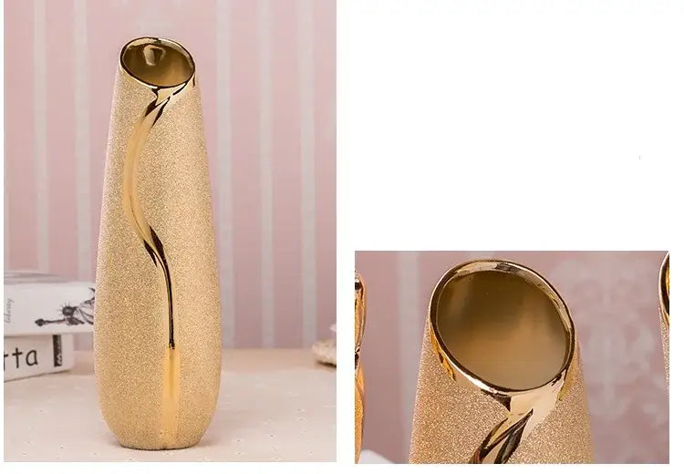 Gold Cream Ceramic Vase by Decorbites, tall with a curved metallic ribbon accent and gold finish on Tampa Home & Garden Store