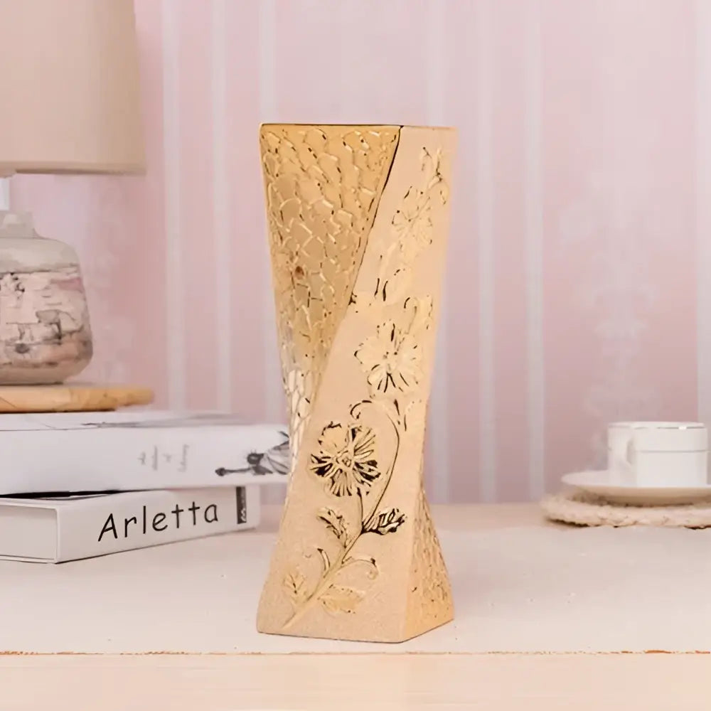 Gold Cream Ceramic Vase Set by Decorbites, twisted hourglass vase with floral relief in gold on Tampa Home & Garden Store