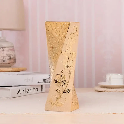 Gold Cream Ceramic Vase Set by Decorbites, twisted hourglass vase with floral relief in gold on Tampa Home & Garden Store