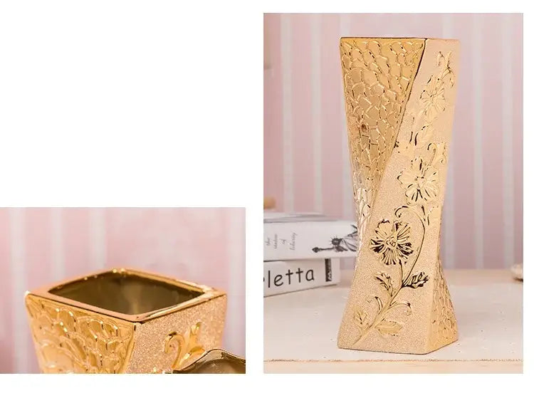 Decorbites gold cream ceramic vase set; two vases: tall floral and square bloom vase on Tampa Home & Garden Store