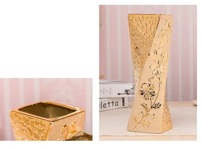 Decorbites gold cream ceramic vase set; two vases: tall floral and square bloom vase on Tampa Home & Garden Store