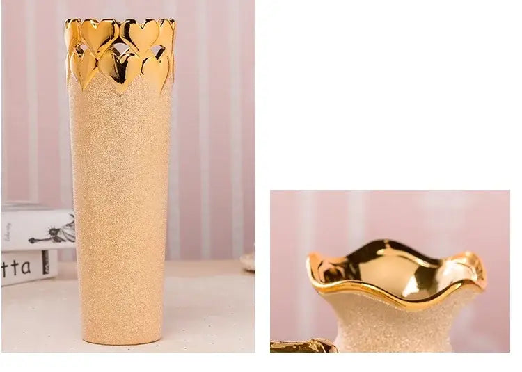 Gold Cream Ceramic Vase Set with a textured beige body and gold crown-rim detail on Tampa Home & Garden Store