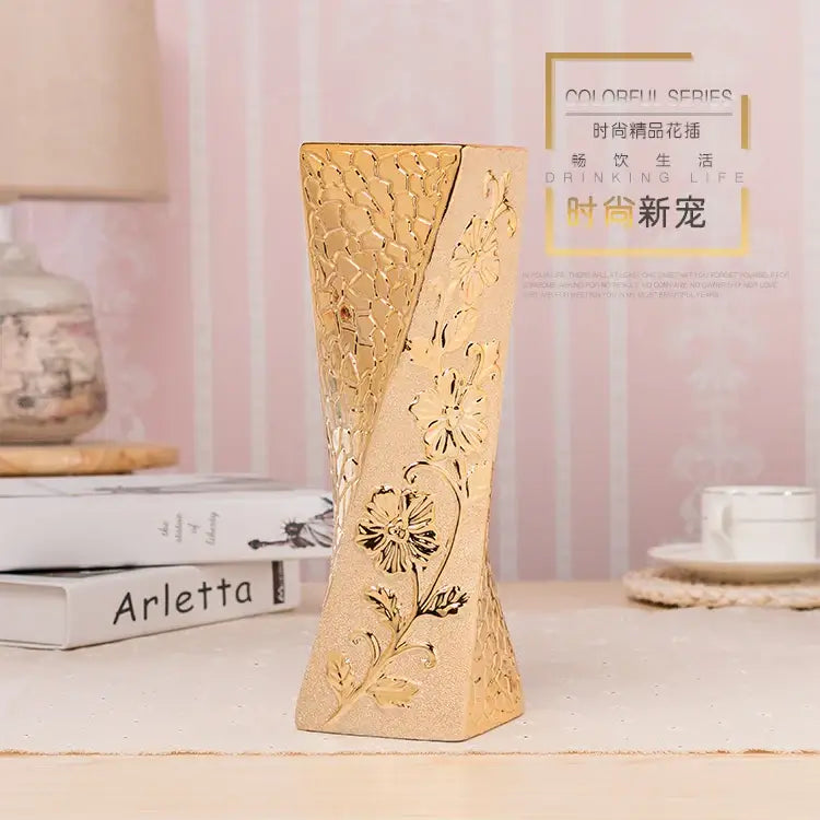 Gold Cream Ceramic Vase by Decorbites, tall textured vase with floral relief on Tampa Home & Garden Store