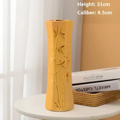 Decorbites gold cream ceramic vase with bamboo motif, tall 31 cm, diameter 9.5 cm on Tampa Home & Garden Store
