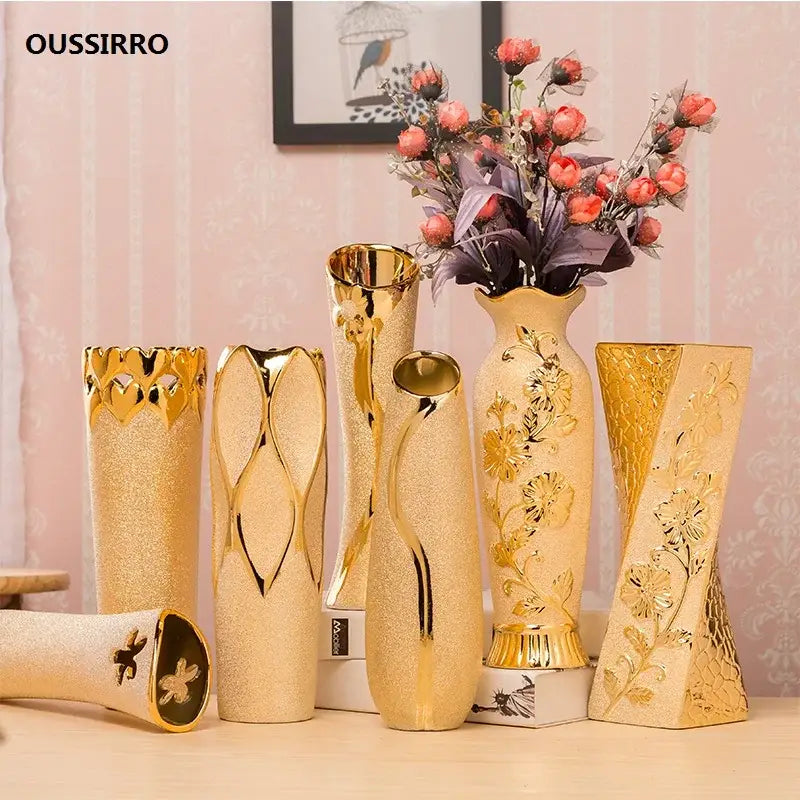 Gold cream ceramic vase set, seven vases with embossed patterns and a bouquet, OUSSIRRO on Tampa Home & Garden Store