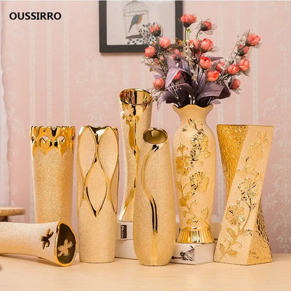 Gold cream ceramic vase set, seven vases with embossed patterns and a bouquet, OUSSIRRO on Tampa Home & Garden Store