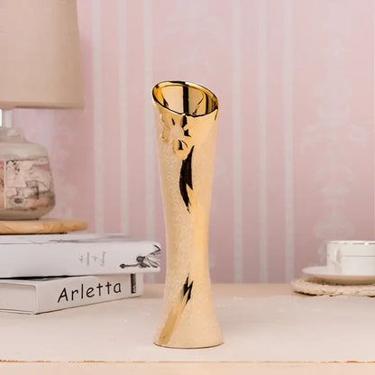 Gold cream ceramic vase tall slender with hammered gold finish on Tampa Home & Garden Store