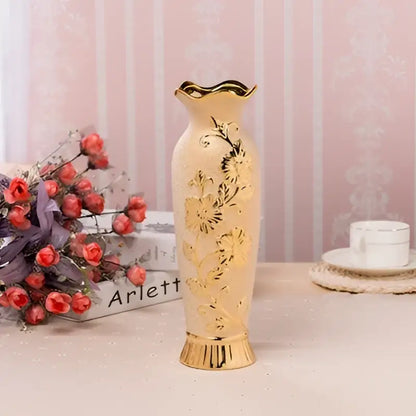 Gold Cream Ceramic Vase Set by Decorbites, vase with gold floral relief and ribbed base on Tampa Home & Garden Store