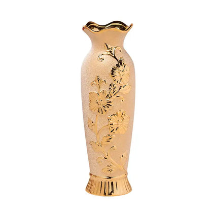 Gold cream ceramic vase with gold floral embossing, tall decorative vase on Tampa Home & Garden Store