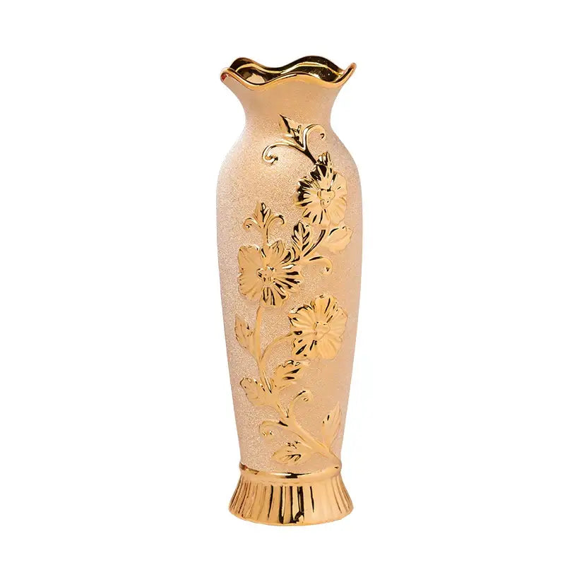 Gold cream ceramic vase by Decorbites, tall embossed floral vase with scalloped rim on Tampa Home & Garden Store