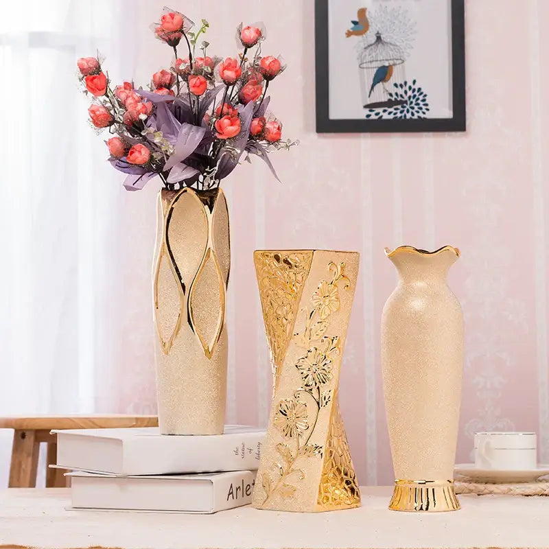 Decorbites gold cream ceramic vase set: three gold-toned vases on Tampa Home & Garden Store