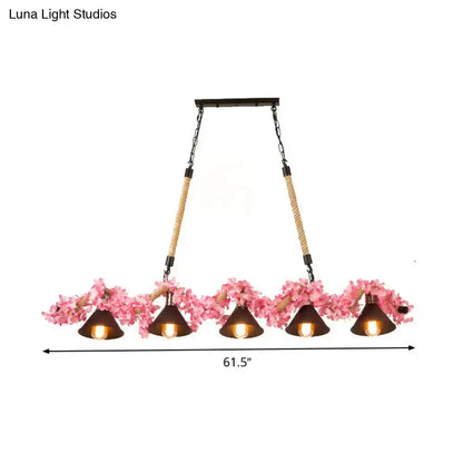Island pendant light rustic brown with pink cherry blossoms and five cone shades 61.5in on Tampa Home & Garden Store