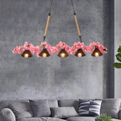 Rustic brown island pendant light with pink cherry blossom garlands, 5 brown metal shades, rope suspension on Tampa Home & Garden Store